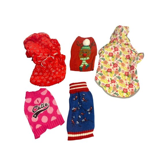 Set Of 5 Dog Sweaters Raincoat Robe Cardinals Reindeer Floral Polka Dot Sz XS - Picture 1 of 11